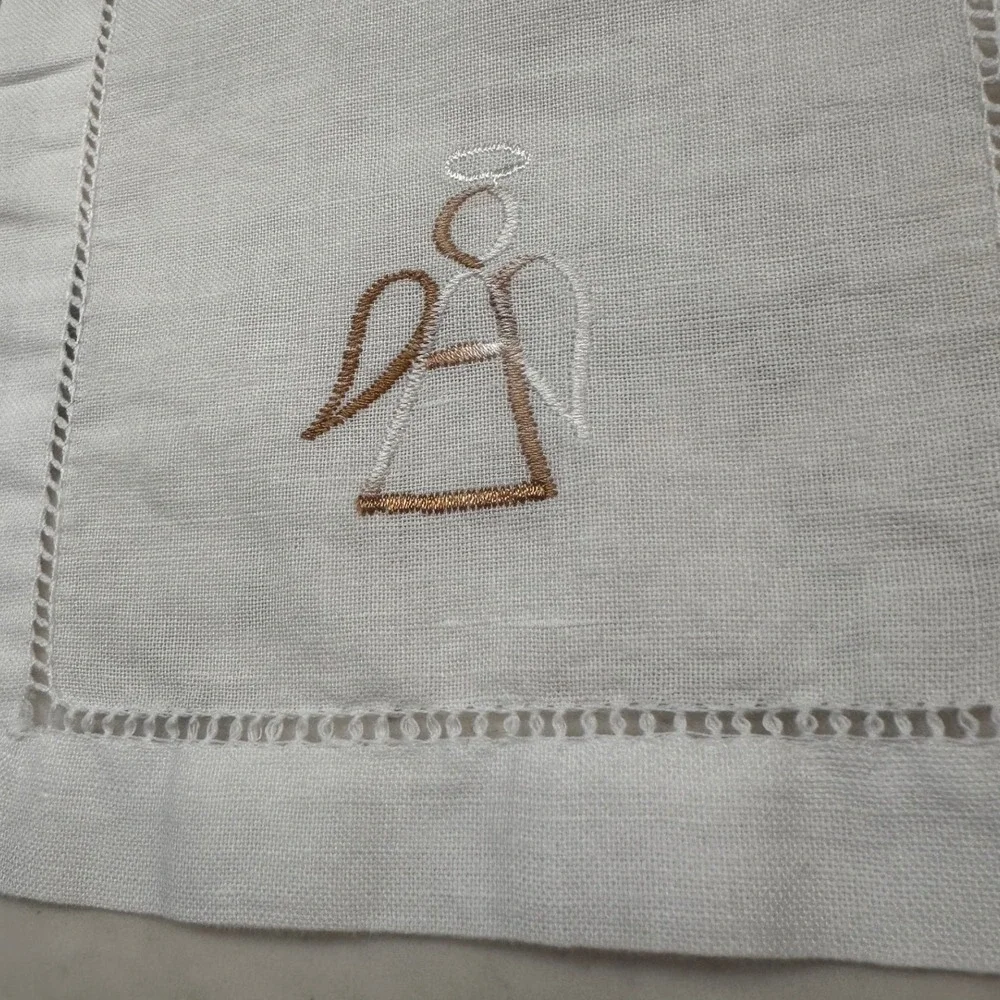 Set‎ of 6 White Linen Cocktail Napkins Embroidered Angel Hemstitch Christmas